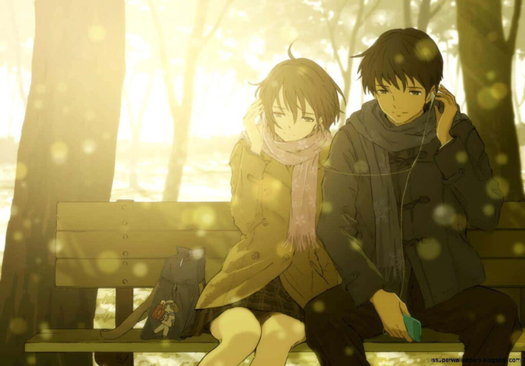 Snowy Romance: A Cozy Anime Couple Embracing Winter's Charm Wallpaper in 720p HD 1339x935 Resolution