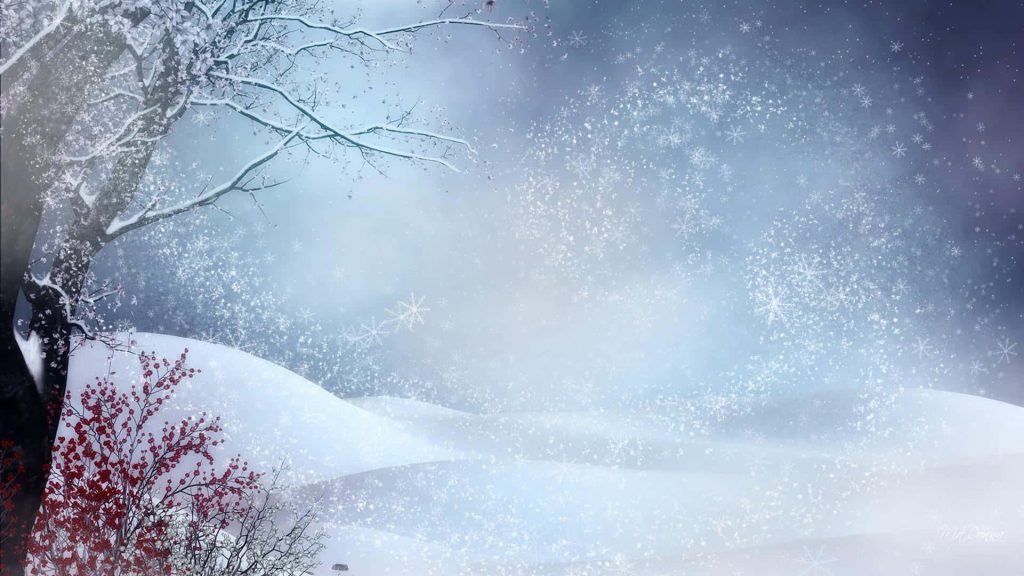 Winter digital art wallpaper with snow-dusted tree red berries snowy hills twilight background