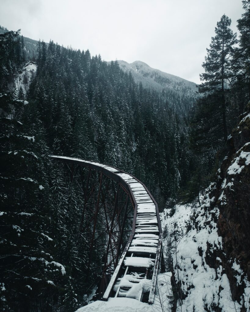 Snow-covered railway bridge winding through dense pine forest with rugged mountains in winter landscape Wallpaper