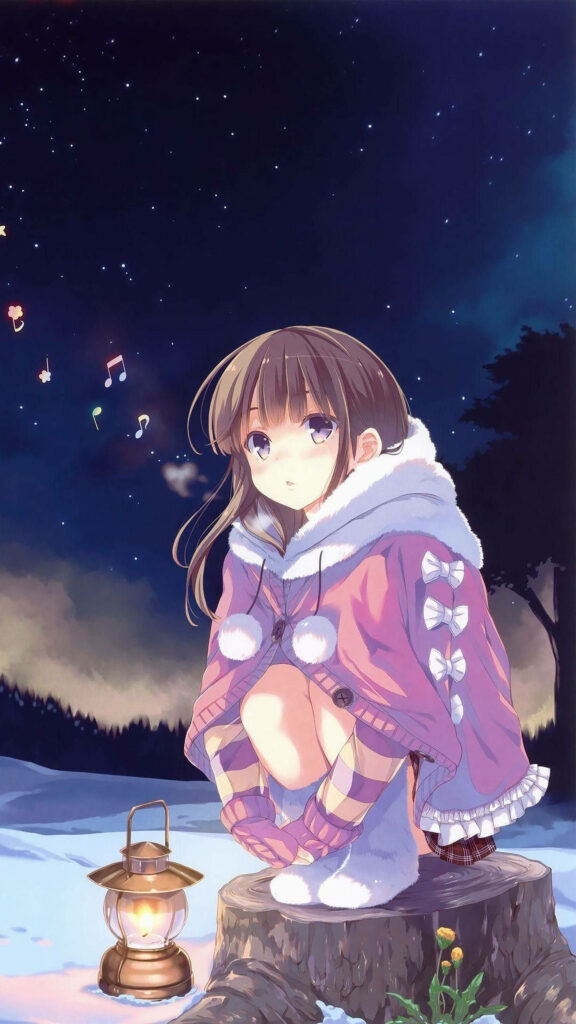 Winter Night Serenity: An Anime Girl Finds Solace on a Tree Stump Wallpaper