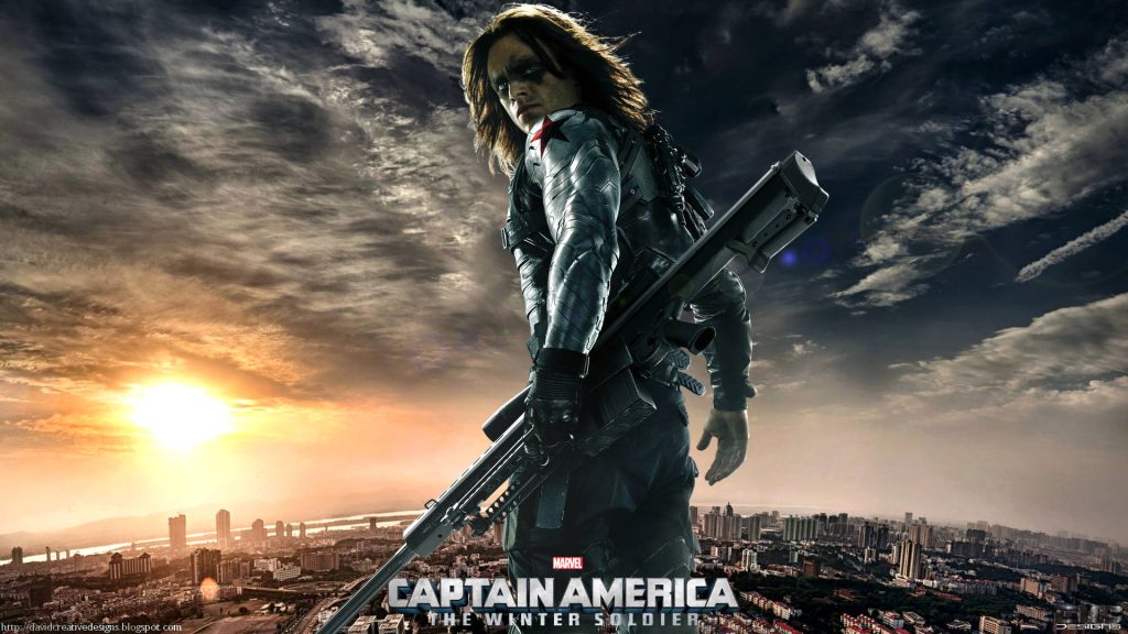 Bucky Barnes Winter Soldier with metal arm and sniper rifle against sunset cityscape wallpaper