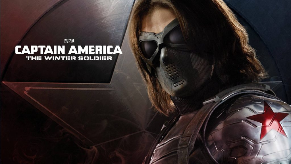 Winter Soldier digital poster showing Bucky Barnes tactical mask goggles and metallic arm with red star Wallpaper