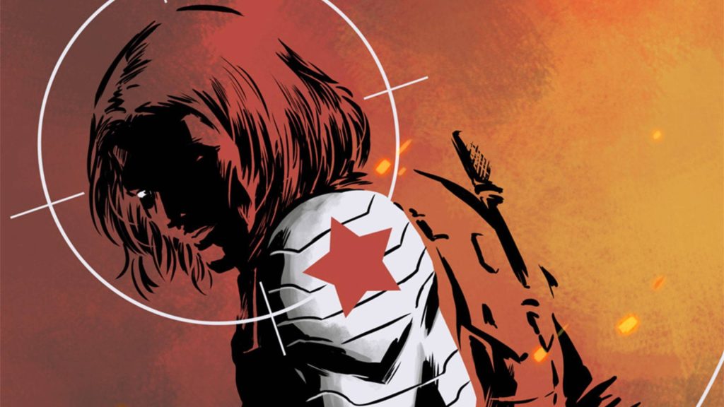 Marvel Winter Soldier comic wallpaper featuring Bucky Barnes with red star metal arm and crosshair background