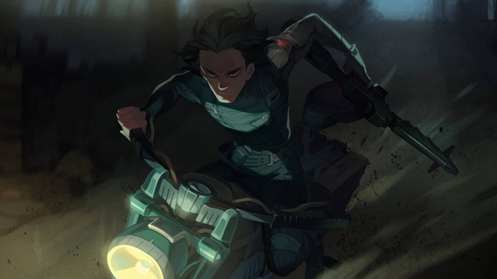 Winter Soldier Bucky Barnes speeding on motorcycle with metal arm and red star in dark scene Wallpaper