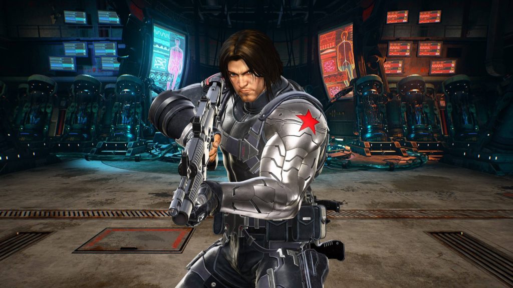 Winter Soldier in tactical gear aiming rifle in glowing high tech lab intense Marvel wallpaper