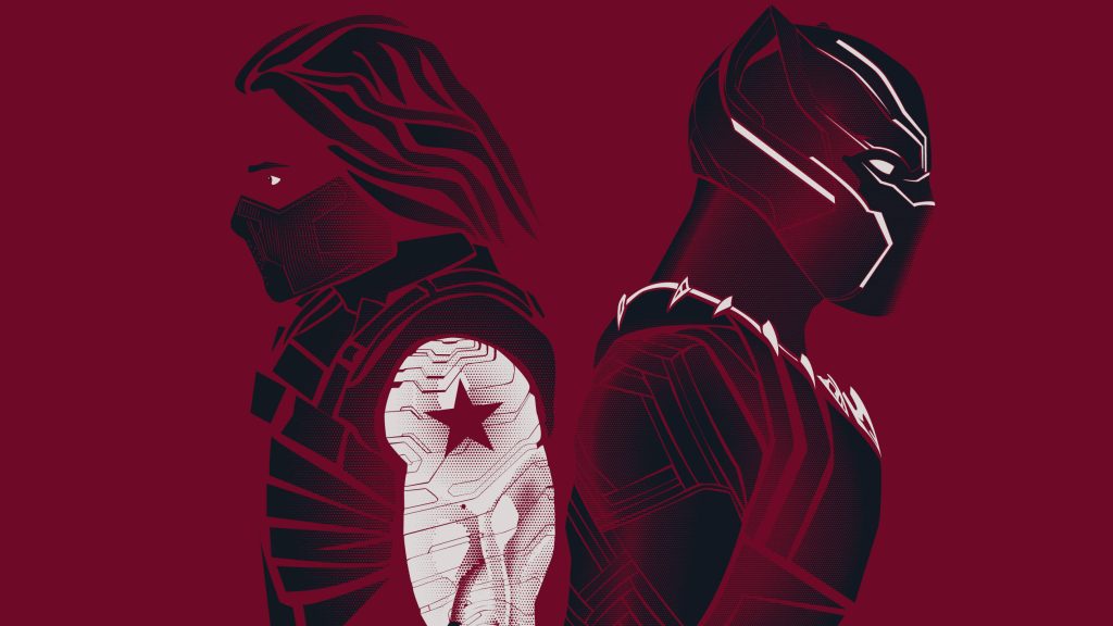 Winter Soldier and Black Panther wallpaper red background Bucky metal arm Black Panther mask
