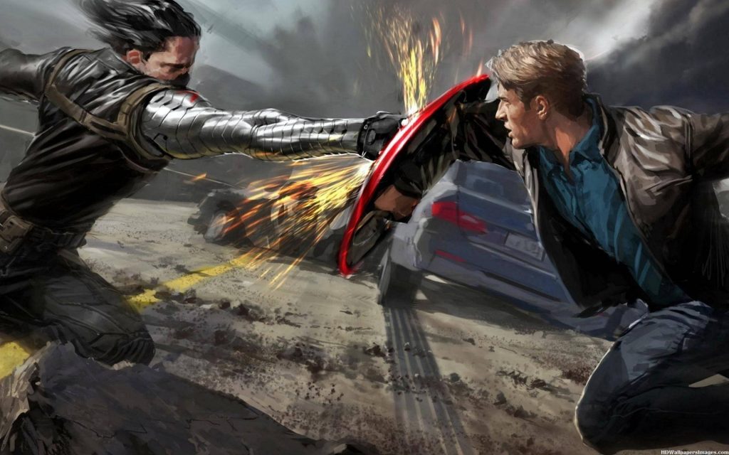 Winter Soldier striking Captain Americas shield sparks flying intense Marvel battle wallpaper