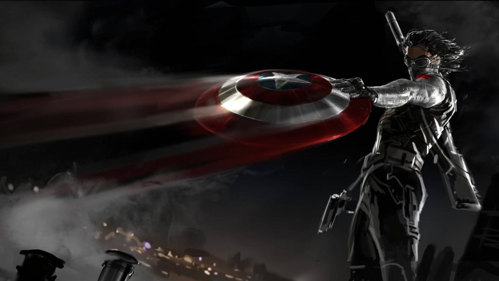 Winter Soldier in tactical gear with Captain America shield city night digital art wallpaper