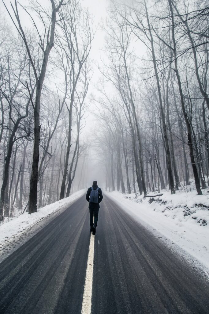 Lone man walking on snow-covered road with leafless trees dense fog winter solitude wallpaper