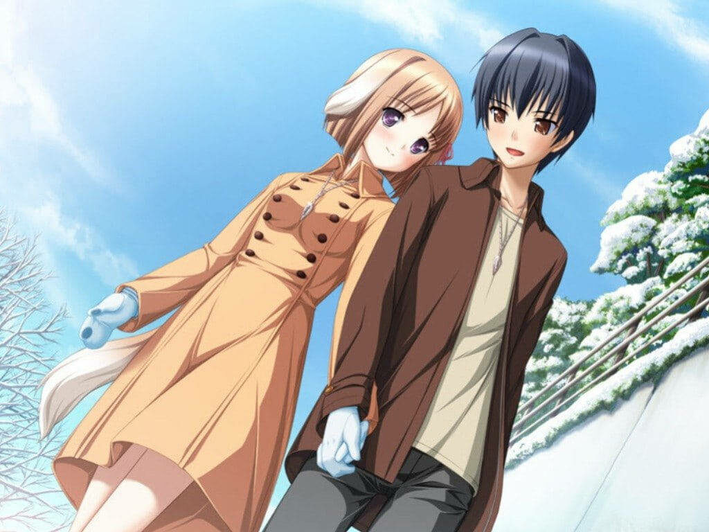 Winter's Embrace: A Delicate Stroll of Love - A Beautiful Snapshot of a Romantic Anime Duo Wallpaper