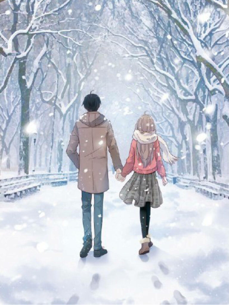 Winter Stroll with a Captivating Anime Couple: A Scenic Snapshot Wallpaper