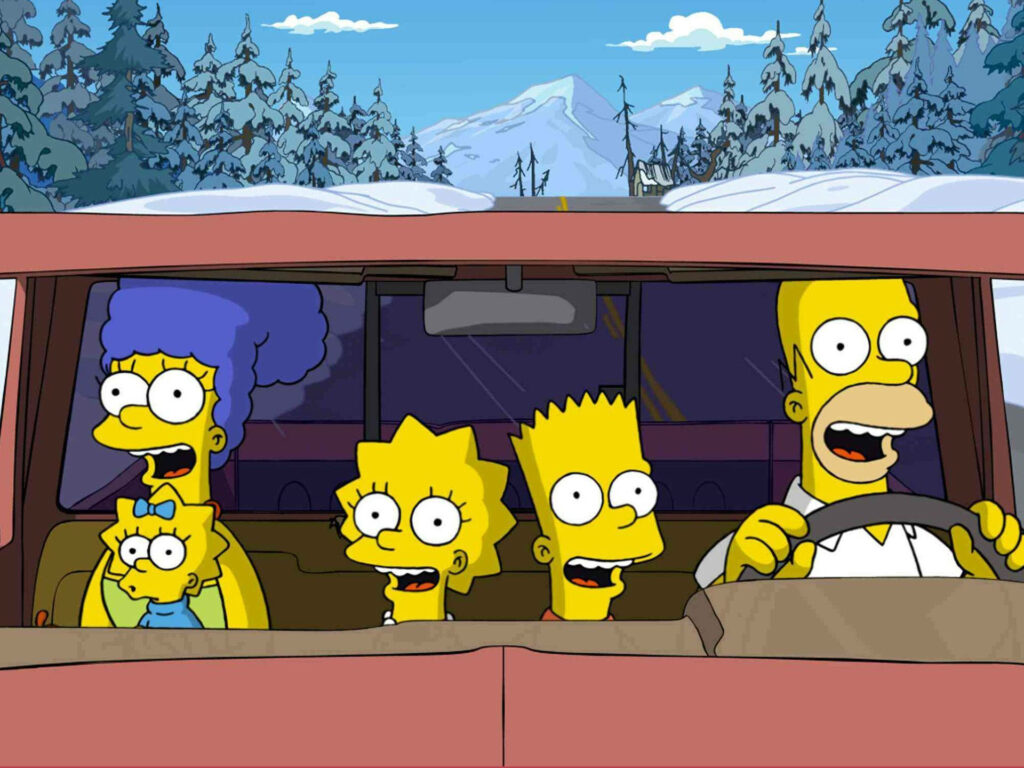 Cheerful Simpsons Winter Wallpaper: Lisa's Snowy Car Ride Adventure