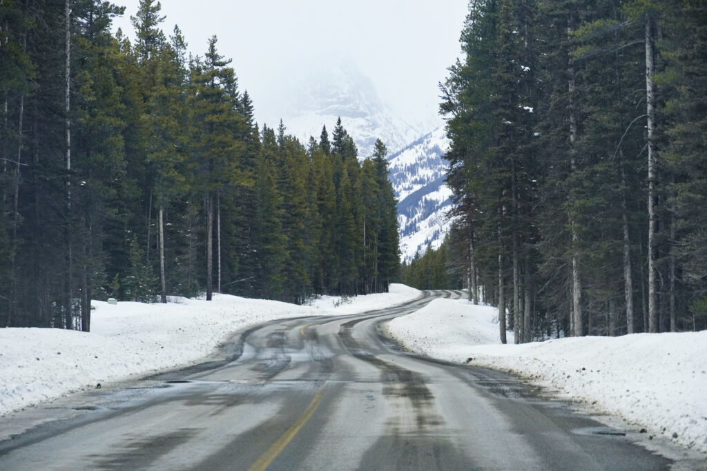 Winter winding road with snow-covered pine trees and towering mountain forest landscape wallpaper