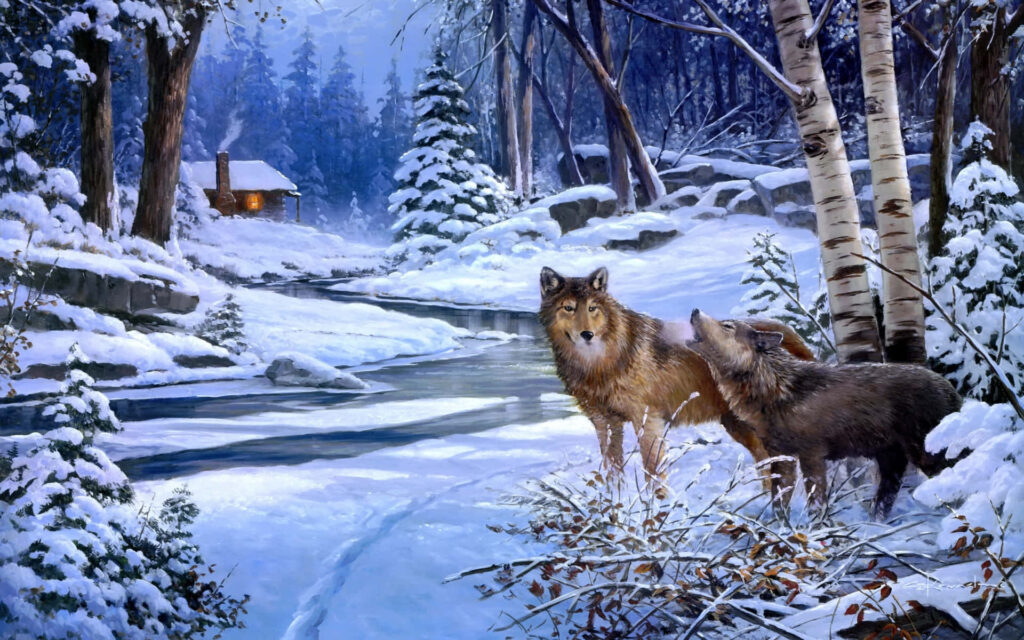 Winter Wolves in Serene Snowy Forest Background Wallpaper
