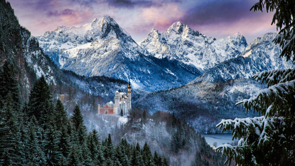 Winter Wonderland: Majestic Snowy Peaks, Enchanted Forests, and Cliff-top Castle Wallpaper