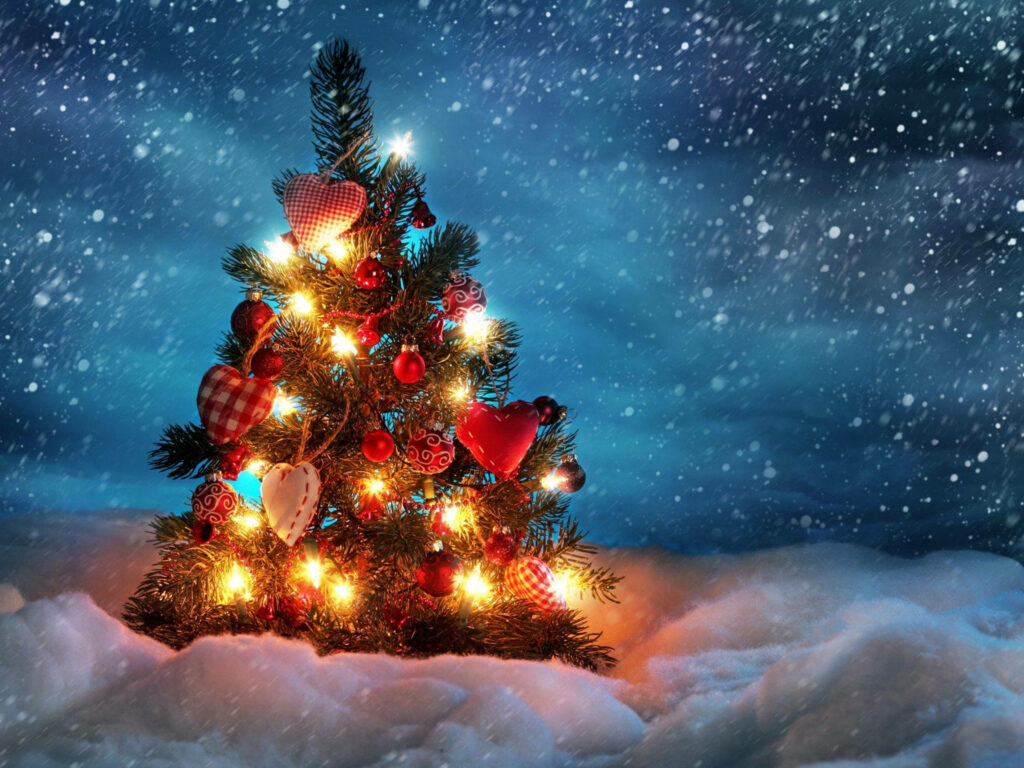 Festive Splendor: Illuminated Christmas Tree Shining Amidst Winter Wonderland - 4k Ultra Hd Holiday Background Wallpaper