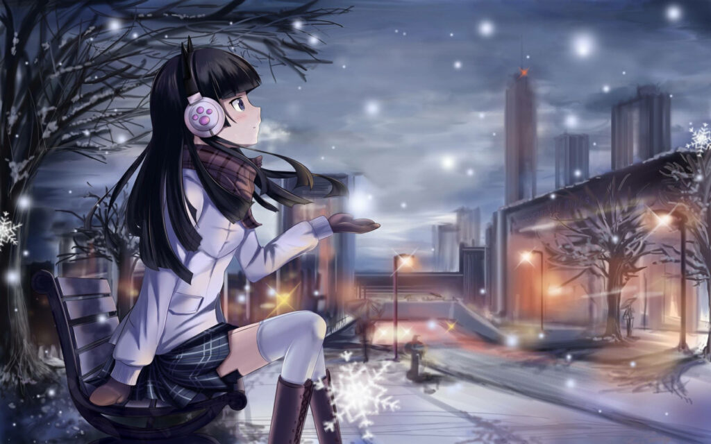 Pawsitively Enchanted: A Serene Anime Schoolgirl Embraces Winter's Frosty Delight in Vibrant Headphones Wallpaper