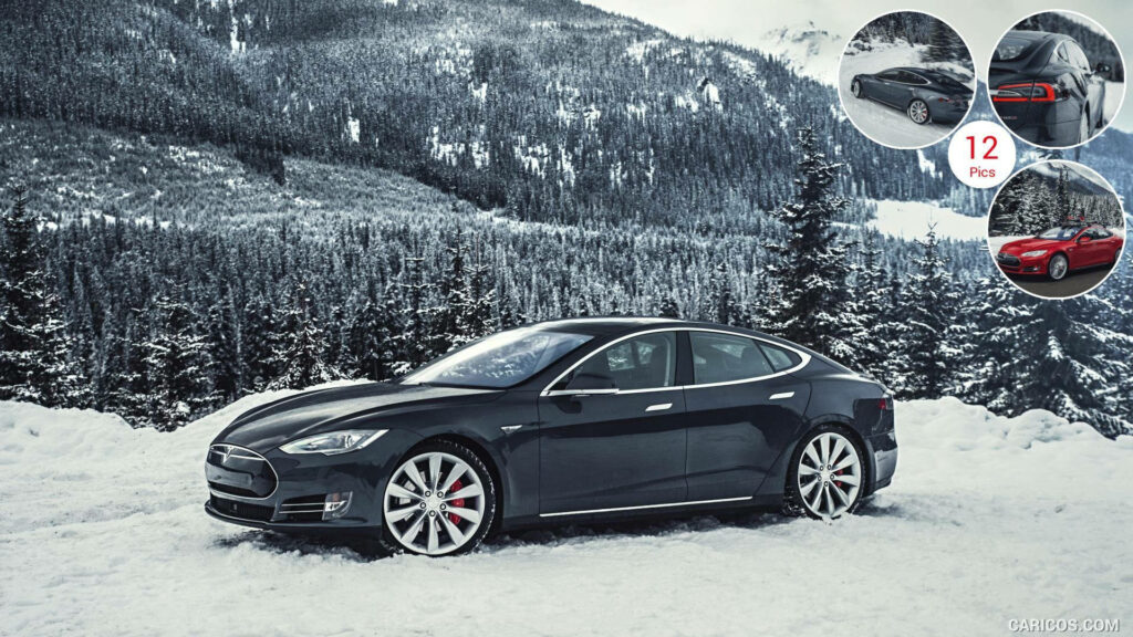 Electric Adventure in Winter Wonderland: Tesla Model S 85D Drives Through Scenic Snowy Forest Wallpaper