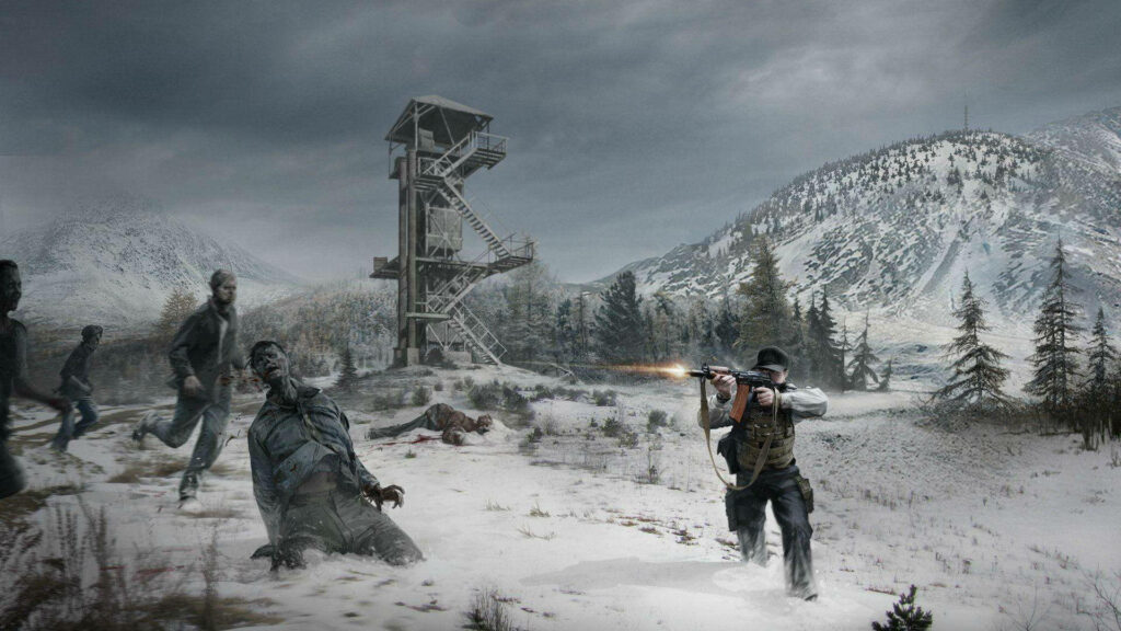 Snowy Battleground: A Dayz Survivor Faces Off Against Winter Zombies in Stunning Frame Wallpaper