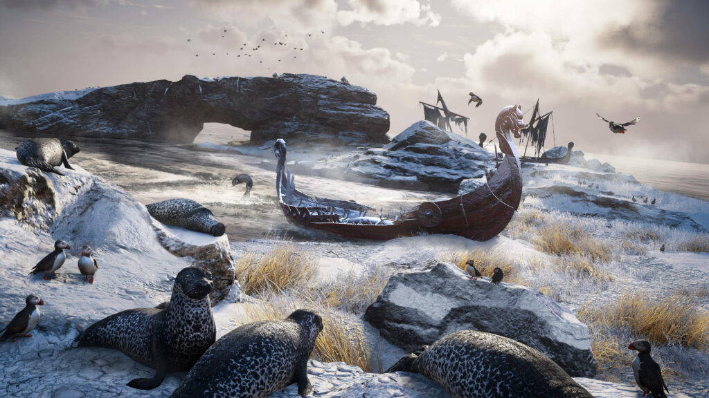 Stranded Sea-chariot: A Captivating Snapshot of Assassin's Creed Valhalla's Frozen Island Wallpaper