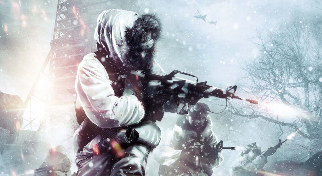 Call of Duty: Black Ops II Winter Battle wallpaper with Eiffel Tower silhouette in snowy background