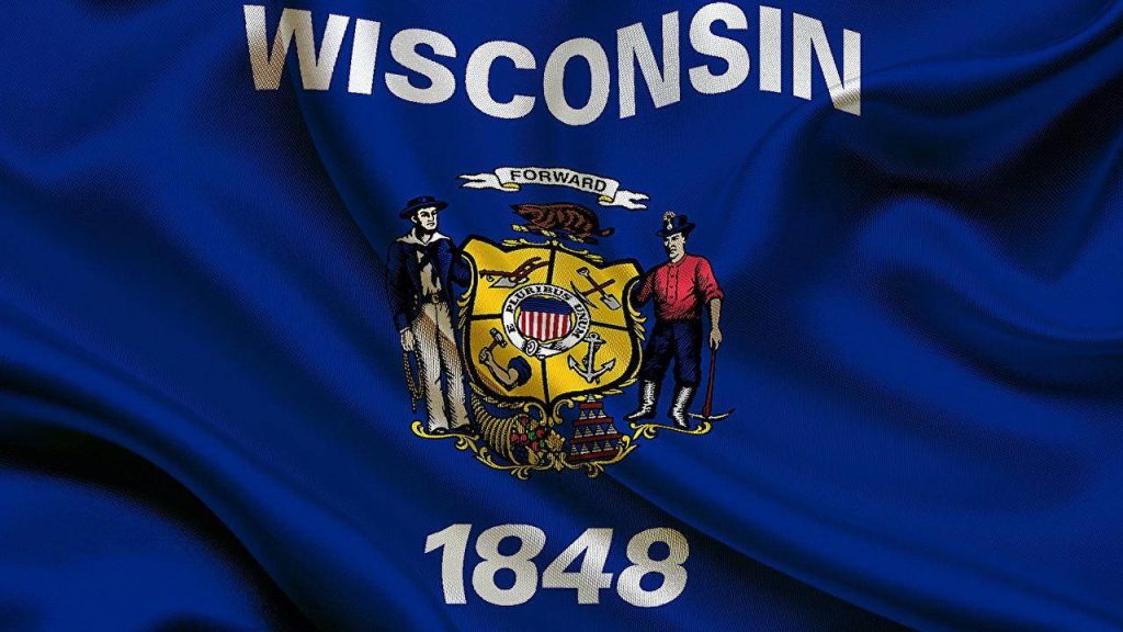 High-resolution Wisconsin Flag wallpaper with coat of arms waving deep blue fabric background