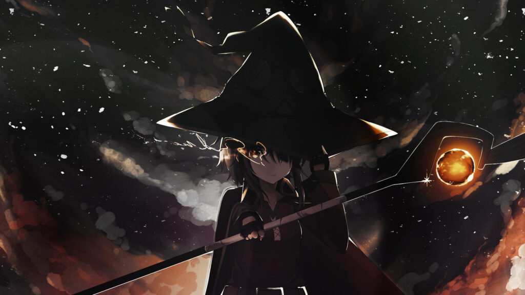 The Explosive Witch: Megumin Unleashes Her Radiant Powers in the Shadows - Konosuba Background Image Wallpaper
