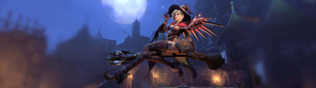 Dual-Screen Enchantment: Immersive Witch Mercy Overwatch Wallpaper for 5120x1440 Monitors