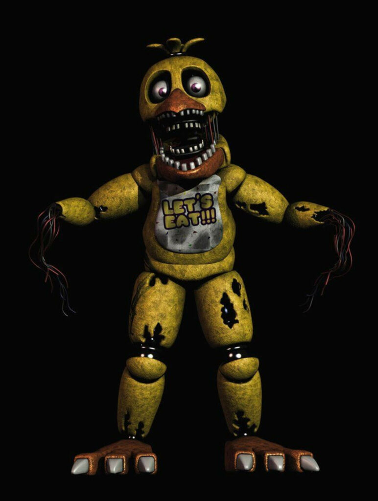 Withered Chica FNAF iPhone wallpaper damaged yellow metal exposed wires eerie horror background