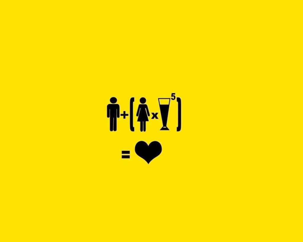 Minimalist wallpaper yellow background with black vector equation man woman cocktail heart
