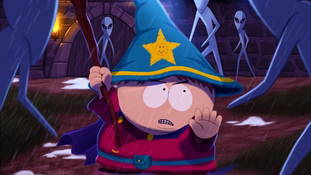 Wizard Eric Cartman in costume confronting mysterious aliens outside stone fortress at night Wallpaper