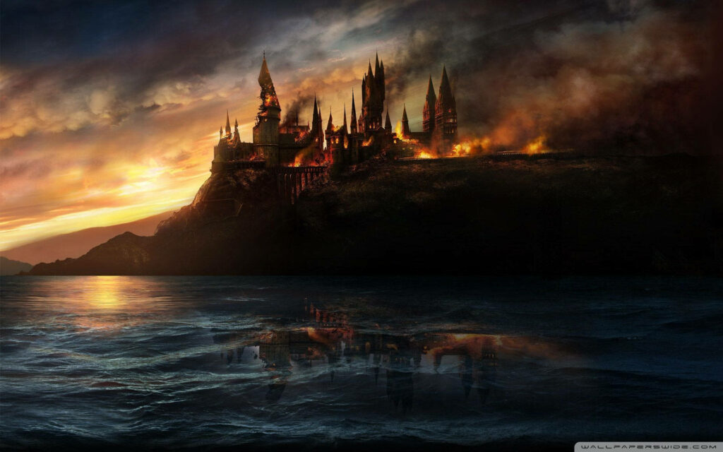Fiery Reflections: Harry Potter Aesthetic Background Photo Embracing Hogwarts in Flames Wallpaper