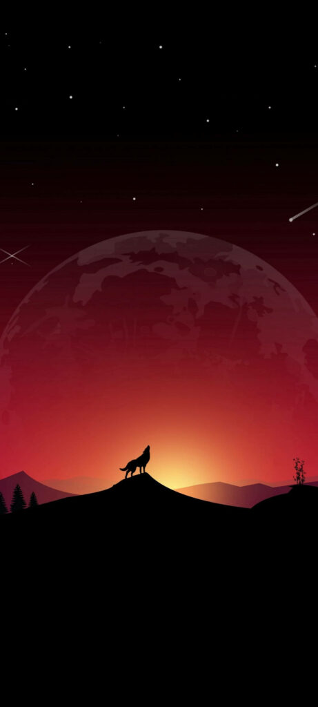 Majestic Wolf Silhouette Howling Amidst a Crimson Sky, Framed by a Rising Sun and a Subtle Full Moon Wallpaper