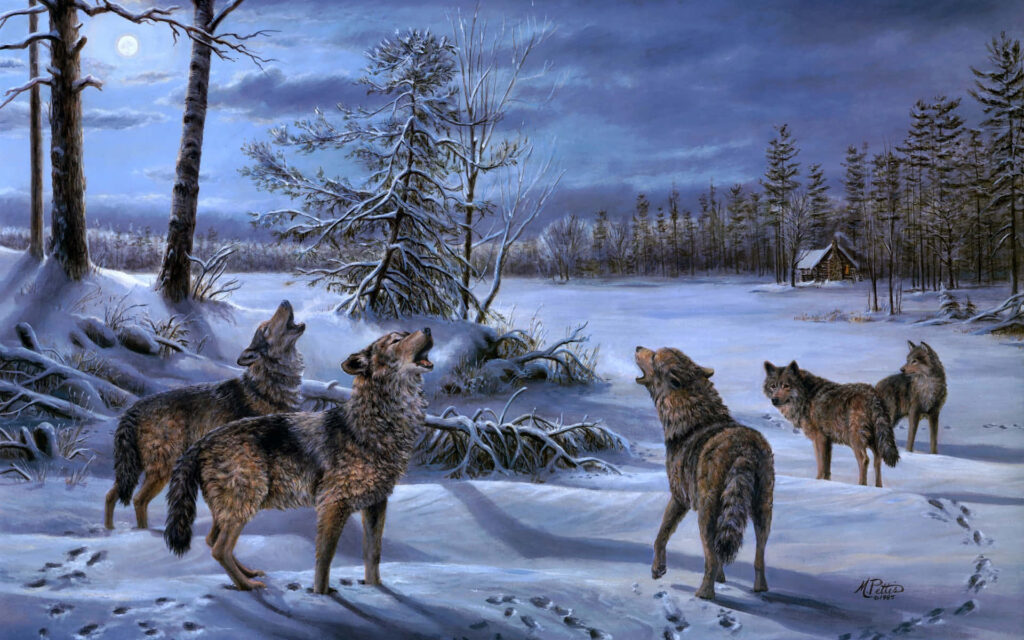 Wolves Howling Under Moonlight: Serene Winter Landscape Wallpaper