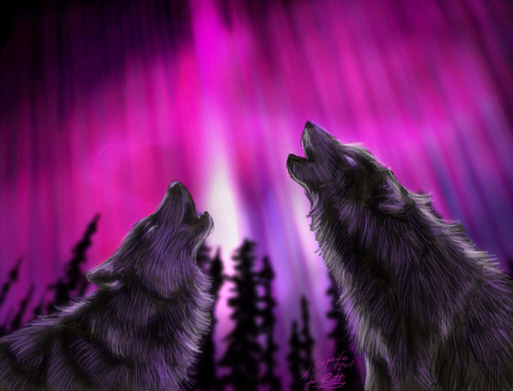 Wolves Howling in Mystical Forest with Purple Aurora Wallpaper
