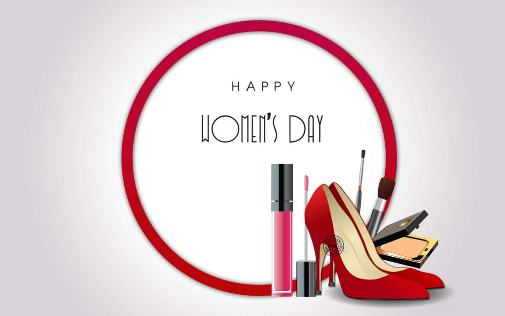 Women’s Day wallpaper with red heels makeup brushes lipstick and palettes in modern style