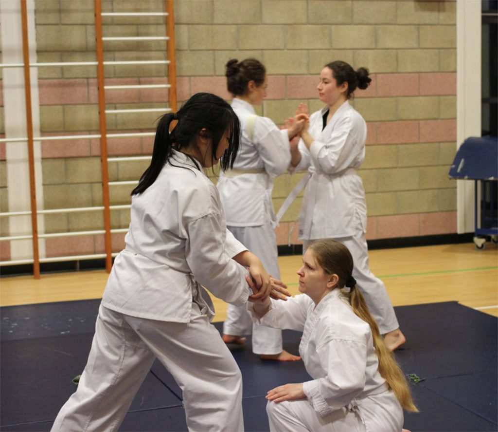 Women practicing Hapkido self-defense in white doboks on blue mat in martial arts gym class Wallpaper