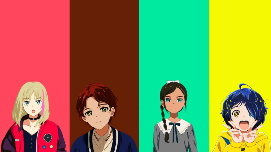 Wonder Egg Priority main characters vibrant multicolored background anime wallpaper design