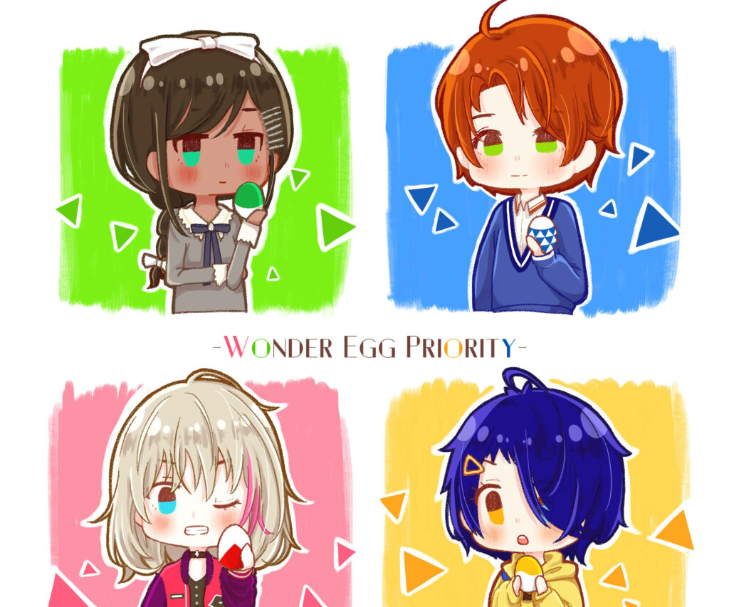 Vibrant chibi collage of Wonder Egg Priority main characters with colorful expressive backgrounds Wallpaper