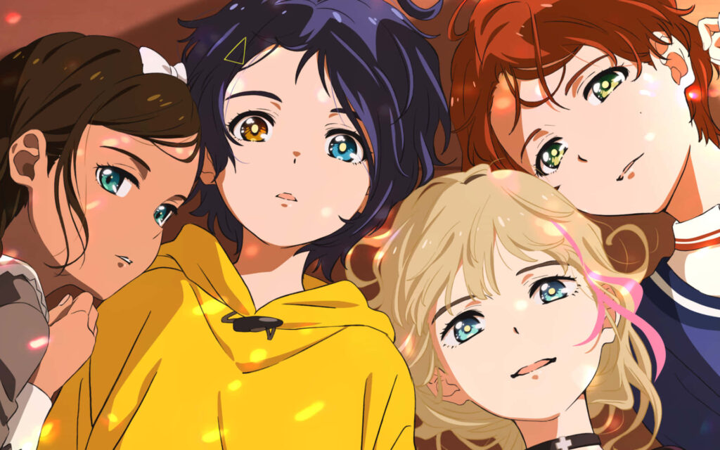 Wonder Egg Priority wallpaper with Frill Rika Ohto Neiru close together warm lighting expressions