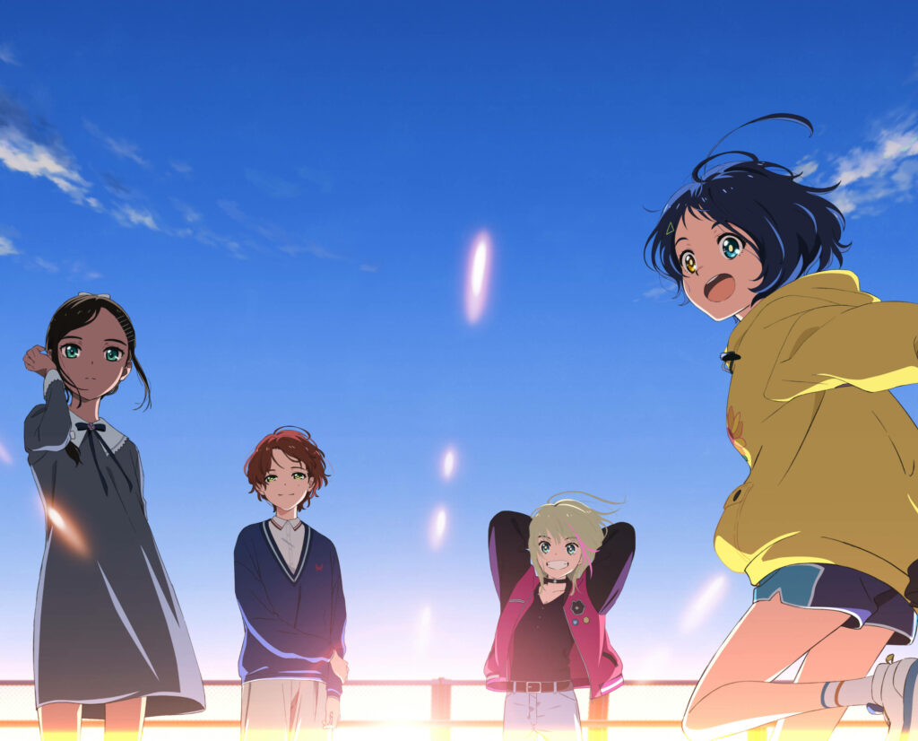 Wonder Egg Priority wallpaper rooftop sunrise main characters warm sunlight clear blue sky
