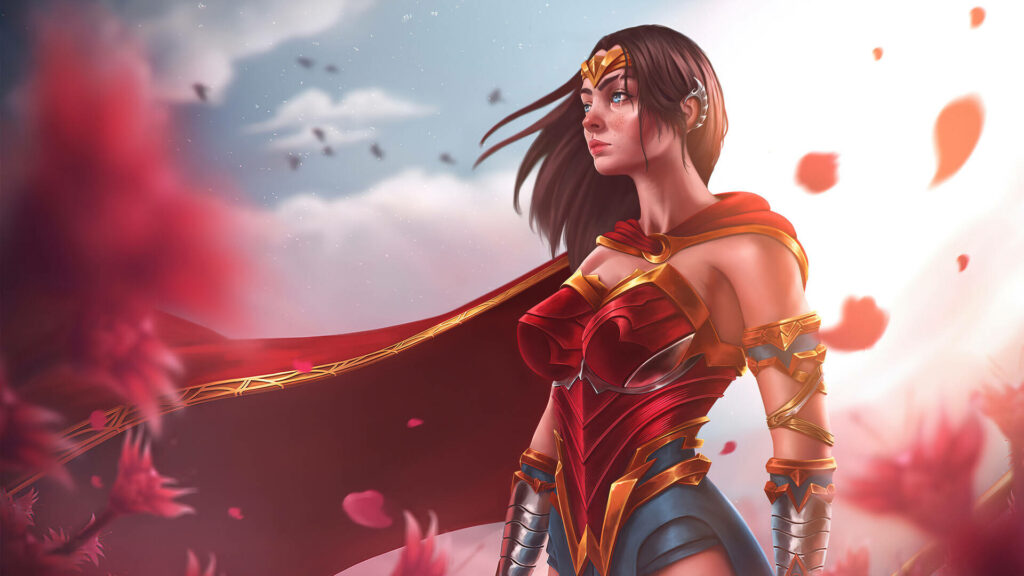 Wonder Woman 3D wallpaper with red gold armor swirling petals dynamic bright sky background
