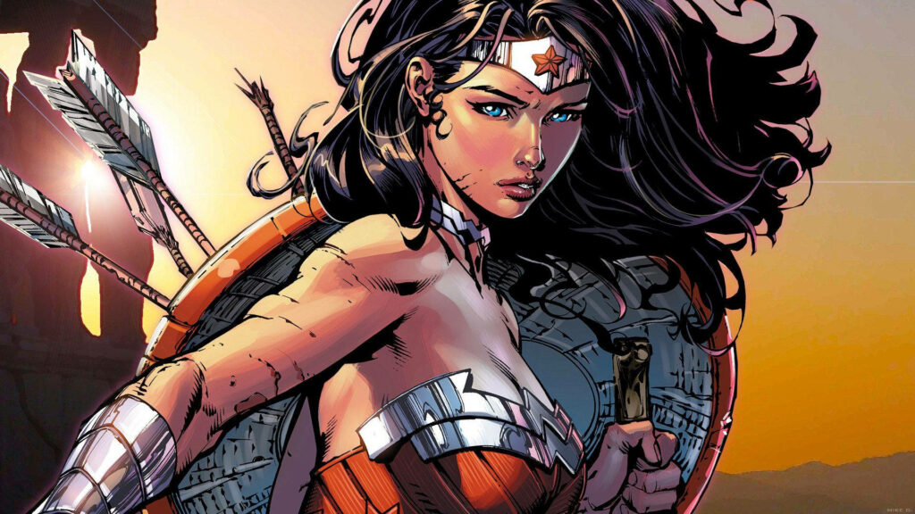 Wonder Woman bold comic style standing strong with shield tiara iconic DC superhero sunset wallpaper