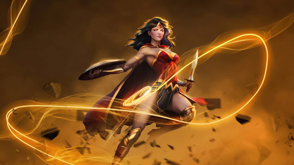 Wonder Woman wields sword and shield with swirling golden energy in dynamic action wallpaper