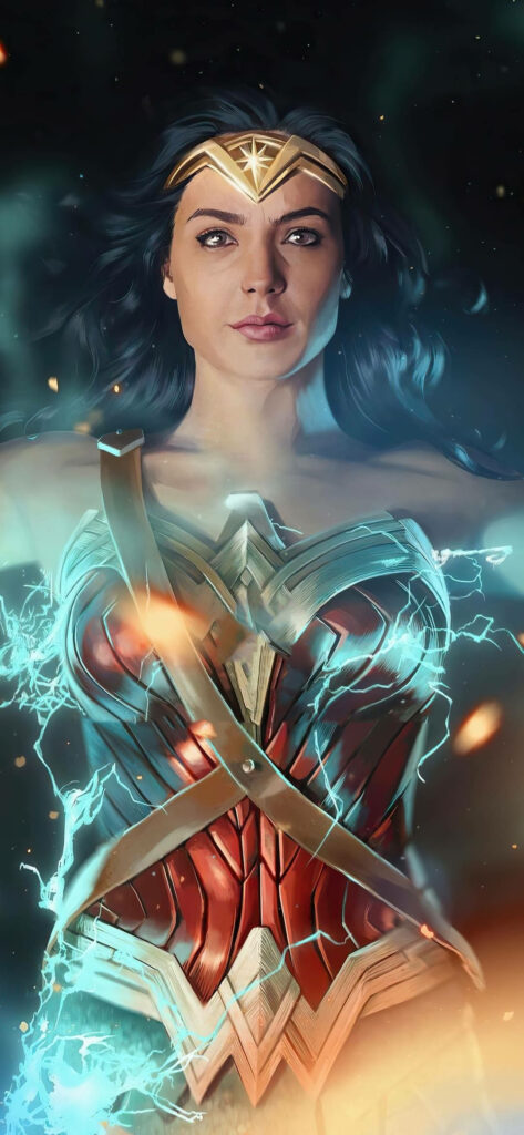 Wonder Woman with electric energy crackling around her in dynamic superhero wallpaper background