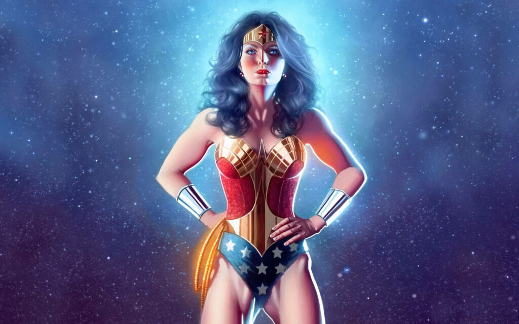 Wonder Woman fanart wallpaper cosmic background iconic costume powerful confident stance