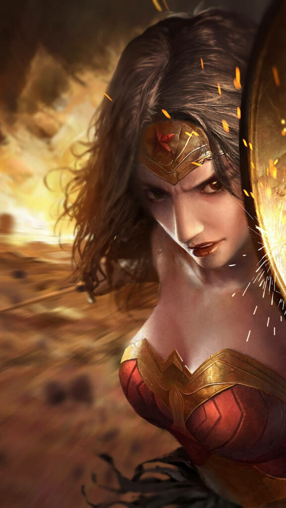 Wonder Woman in golden armor fierce amid blazing fire glowing shield dynamic wallpaper background