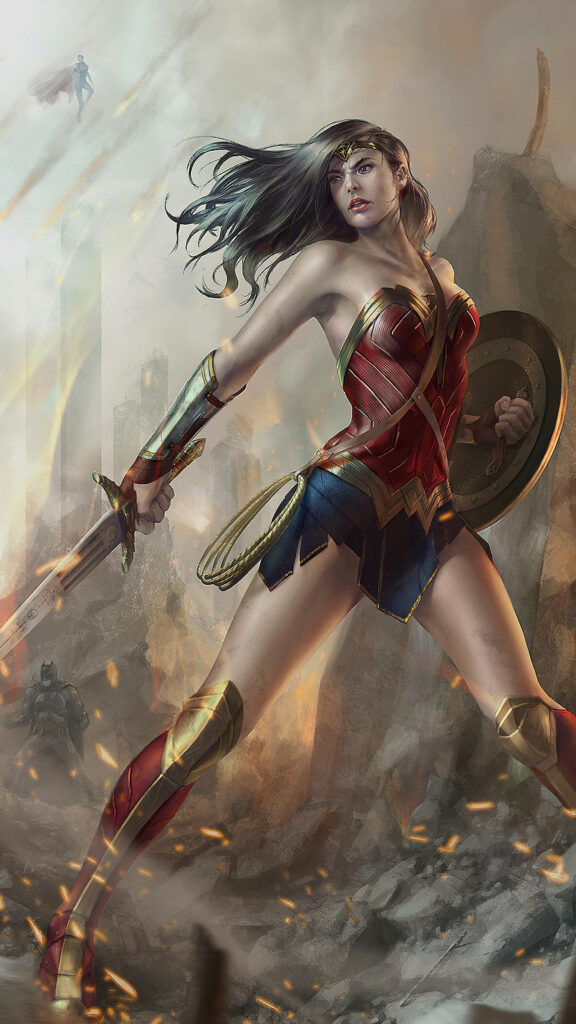 Wonder Woman in iconic armor with sword and shield in battle-scarred city background wallpaper