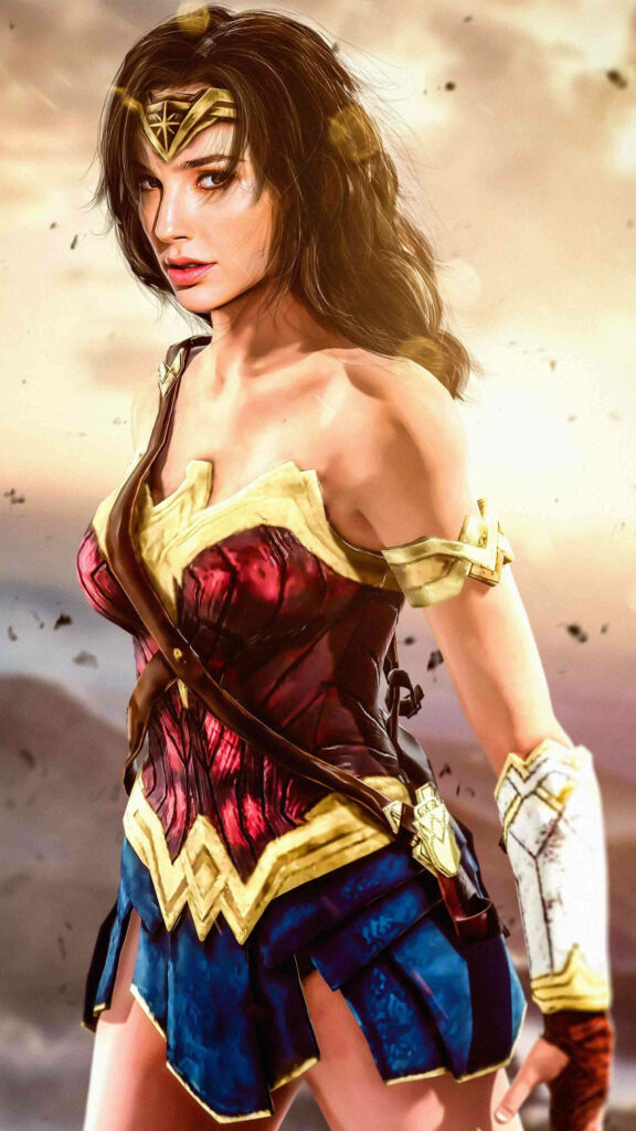Wonder Woman poses powerfully in iconic armor against a dramatic sky DC Comics superhero wallpaper