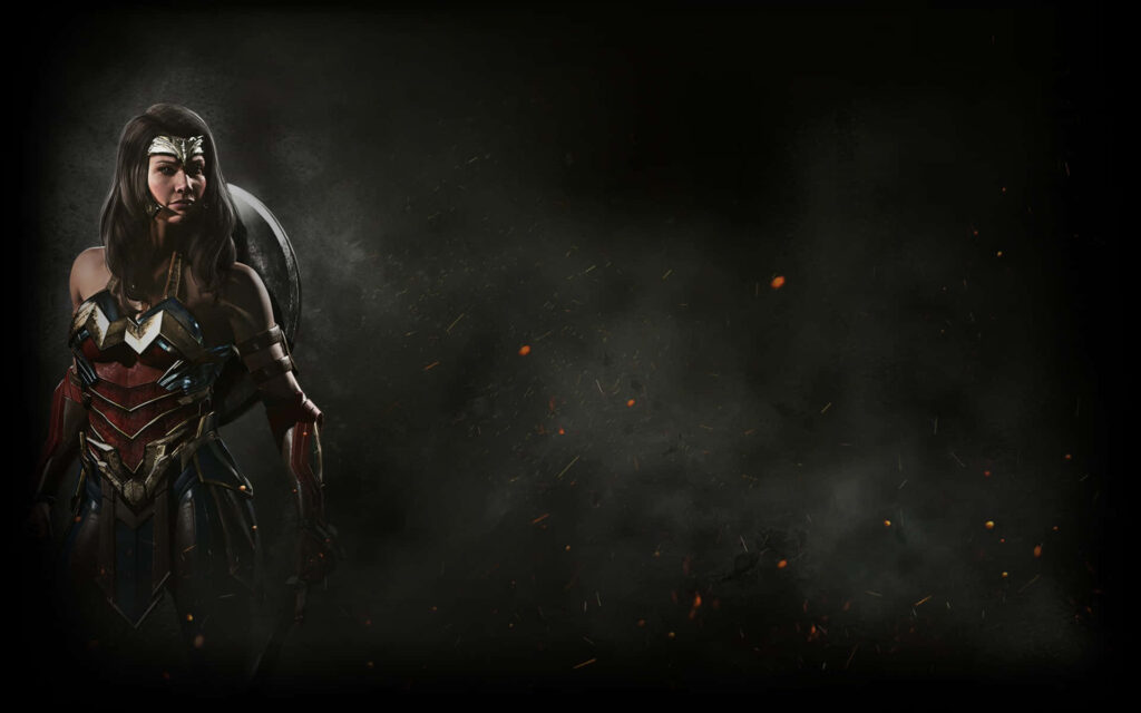 Wonder Woman heroically holding shield in striking profile with dramatic dark wallpaper background